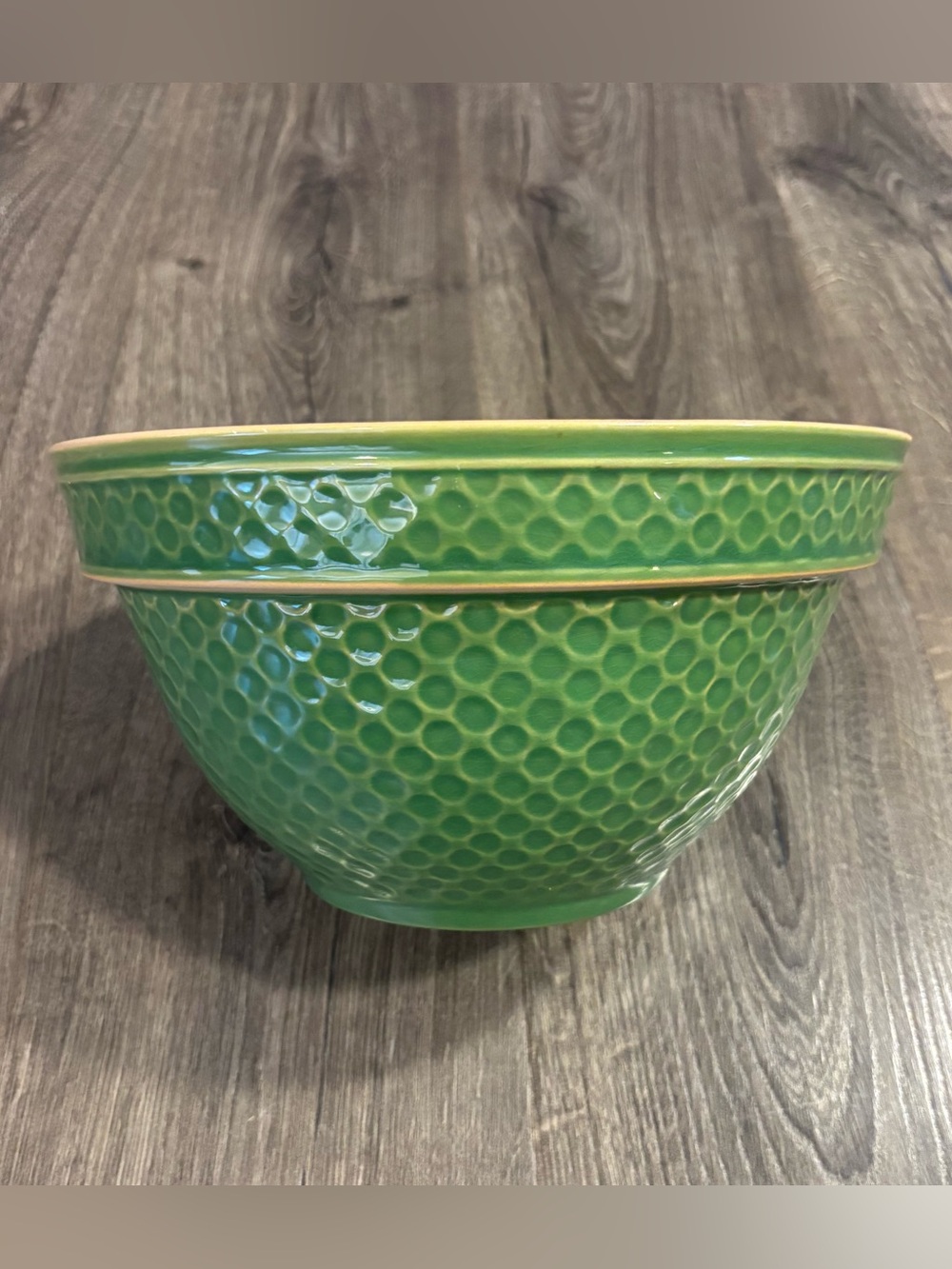 VINTAGE Yellow Ware Green & Yellow "OVER AND BACK” Ceramic Large Mixing Bowl
